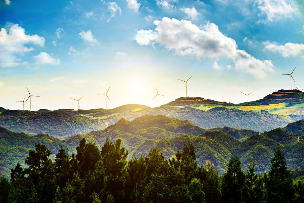 sunny landscape with windmills